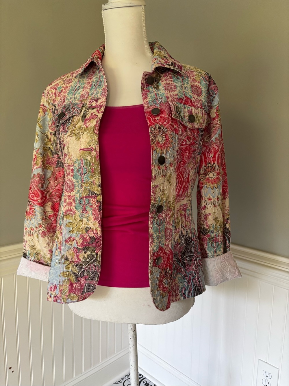 Analogy Multicolor Floral  Jean Jacket with Pink Accents